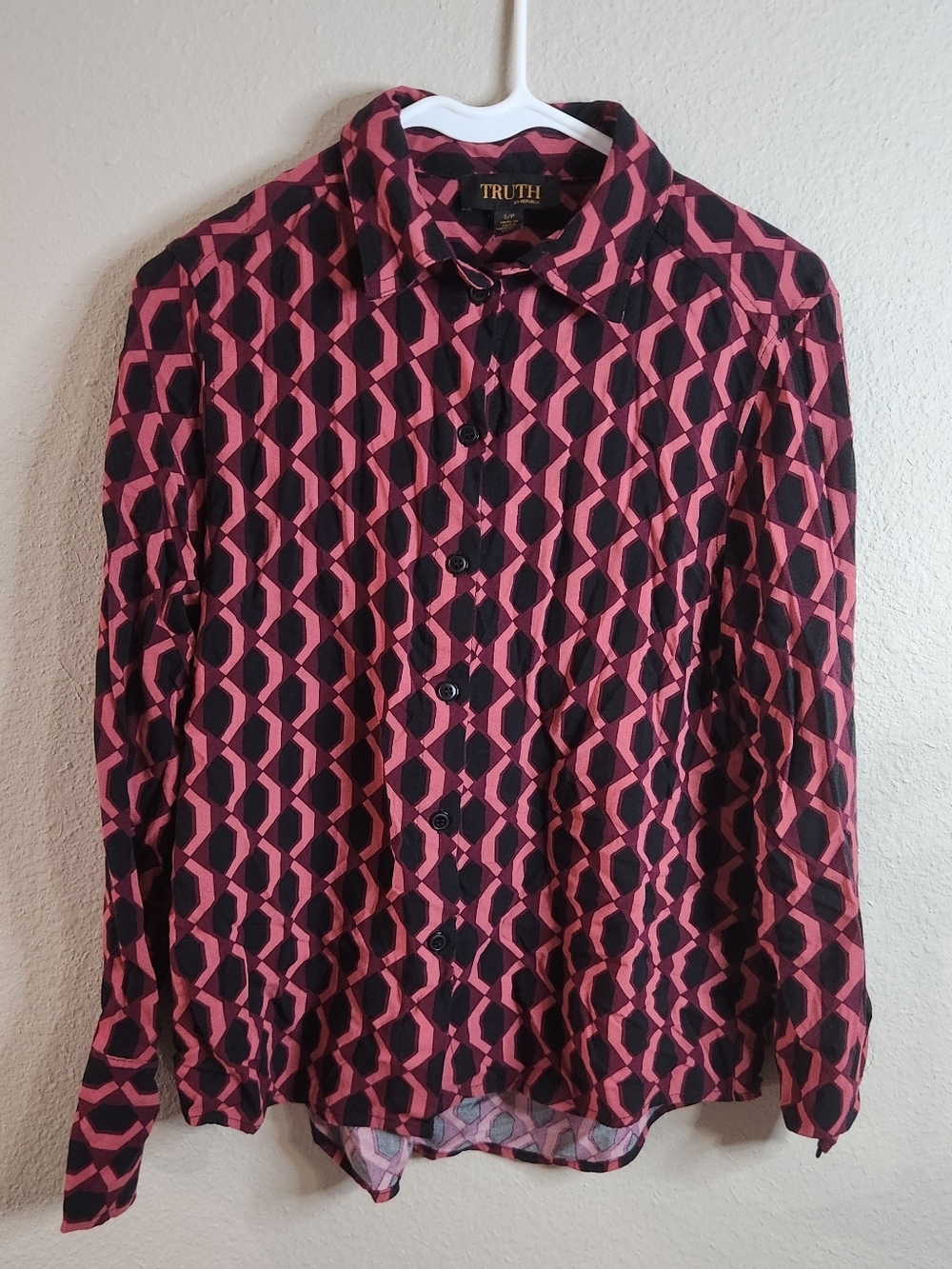 Multicolor Geometric Print Button Down Blouse Size Small Long Sleeve